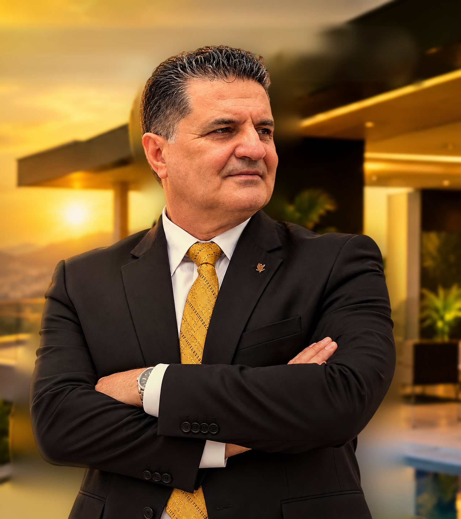 Paulo Lourenço, de terno e braços cruzados, em frente a uma residência contemporânea ao entardecer